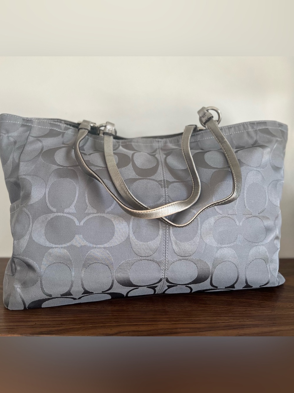 Coach Gray Signature Tote Bag with Metallic Handles
